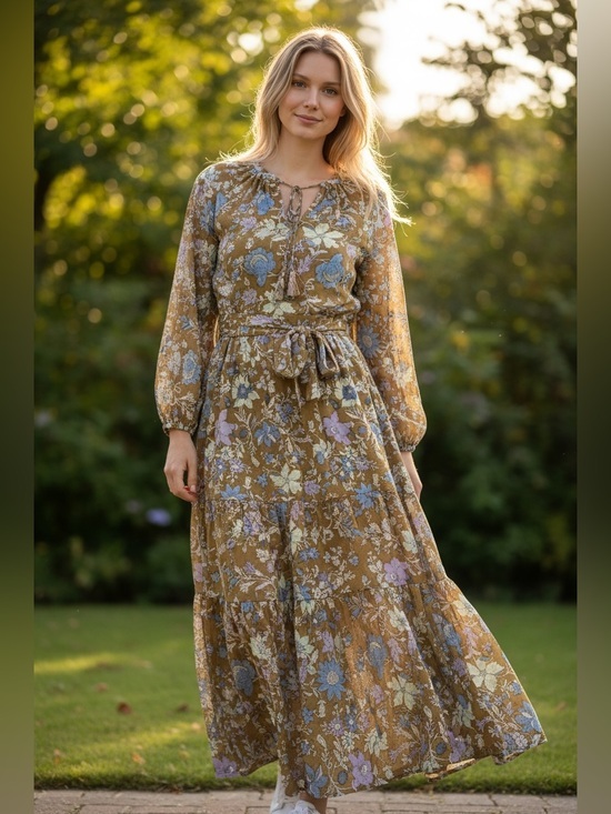 Karina Grimaldi Dresses & Skirts - Karina Grimaldi Mustard Floral V-Neck Maxi Dress